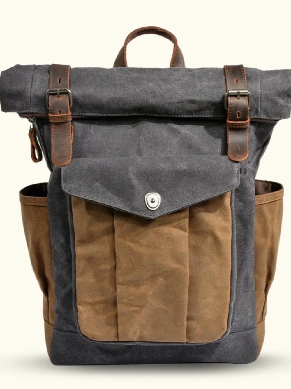 Waxed Canvas Roll-Top Backpack in army green and Brown